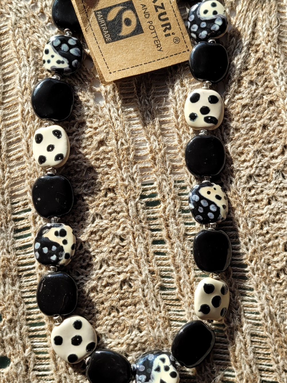 Kazuri "Pebbles" ceramic bead necklace. 18" New With Tags. Black and bone.
